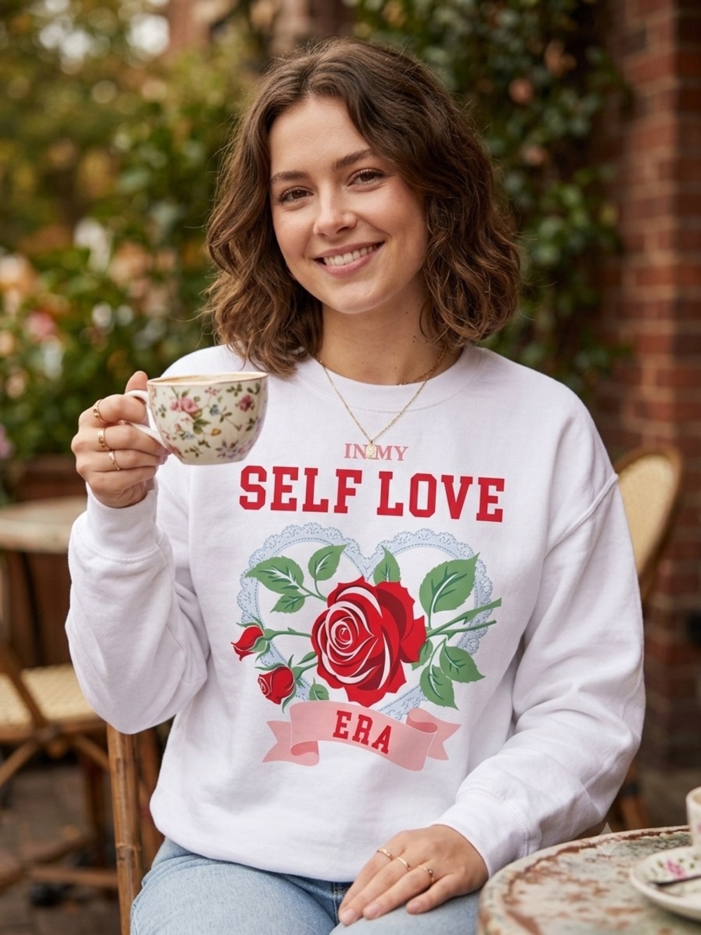New! Self Esteem Self Love Era White Sweatshirt Red Rose Graphic Pullover Medium